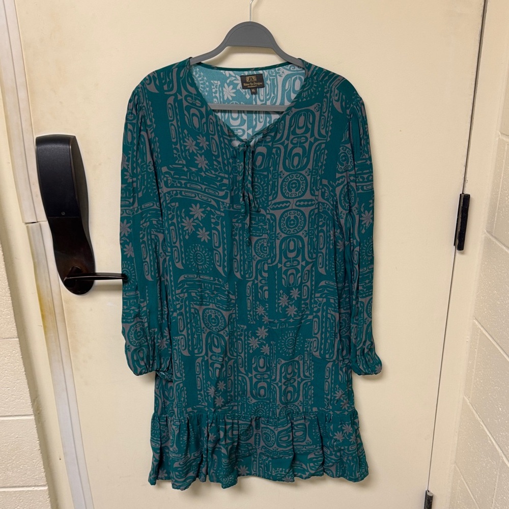 Wahine Toa Teal Patterned Dress with Ruffle Hem